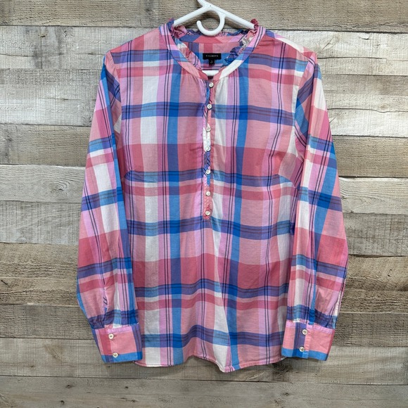 Talbots Tops - Talbots Womens Pink Blue Plaid Ruffle Collar Popover Cotton Blouse Top Large